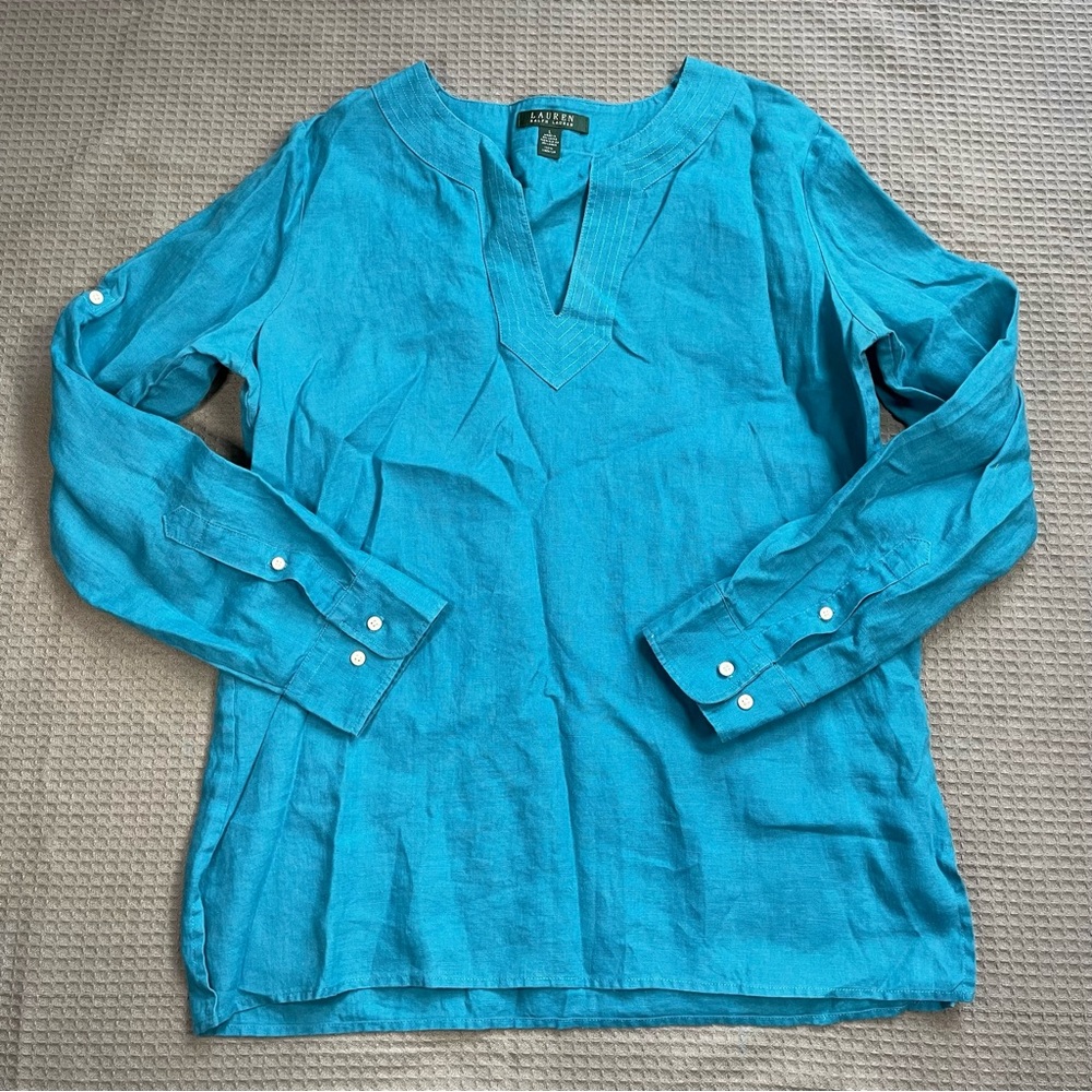 Lauren Ralph Lauren 100% Linen Tunic Shirt Large Womens Roll Tab‎ Bright Blue